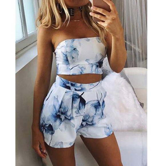 Blue Floral Watercolor 2 piece Top & Shorts set - Picture 1 of 5